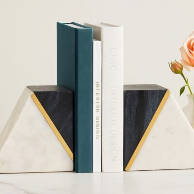 Gold Brass White & Black Marble Bookends