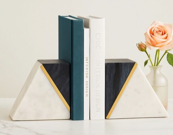 Gold Brass White & Black Marble Bookends