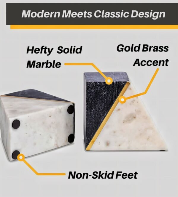 Gold Brass White & Black Marble Bookends - Image 5
