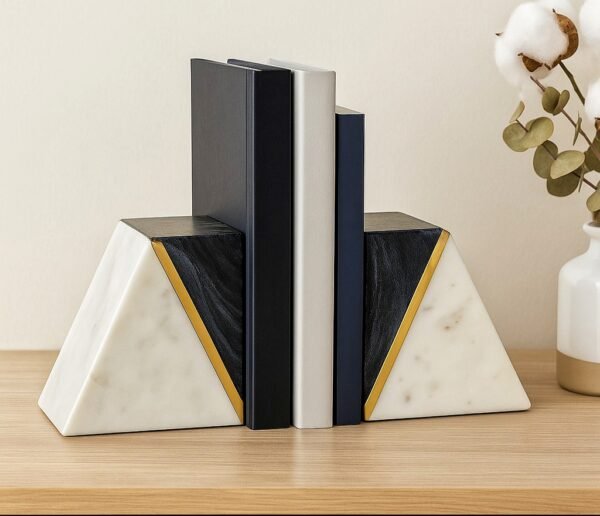 Gold Brass White & Black Marble Bookends - Image 2