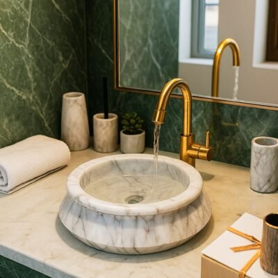 Handcrafted White Marble Cauldron Basin | Handi Basin