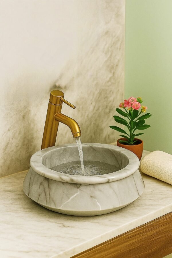 Handcrafted White Marble Cauldron Basin | Handi Basin - Image 4